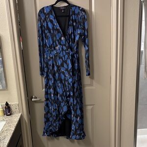 Christian Siriano Blue and Black Wrap Midi Dress